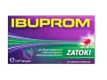 Opakowanie leku Ibuprom Zatoki, zawierającego axoprofen, z wizerunkiem głowy i tabletki.