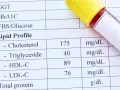 Wynik lipidogramu: cholesterol 175 mg/dL, triglicerydy 40 mg/dL, HDL-C 89 mg/dL, LDL-C 76 mg/dL. Wynik wskazuje na wysoki cholesterol.