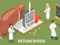 Lekarze analizują wyniki badań, glukometr wskazuje wysoki poziom cukru, a na tablicy wzór chemiczny. To obrazuje problem kwasicy ketonowej.