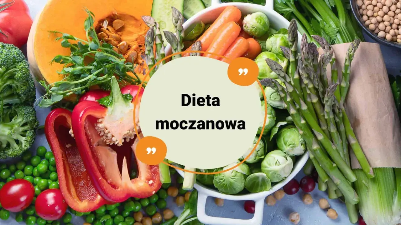 Zdrowe warzywa i napisy "Dieta moczanowa" na okrągłym tle. Brokuły, dynia, papryka, groszek, marchew, szparagi, brukselka.