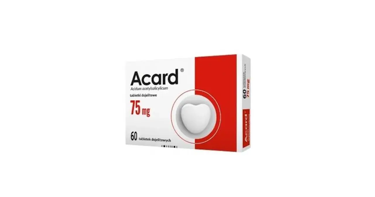 Opakowanie leku Acard 75 mg, 60 tabletek. Przed zastosowaniem należy zapoznać się z ulotką i ewentualnymi skutkami ubocznymi.