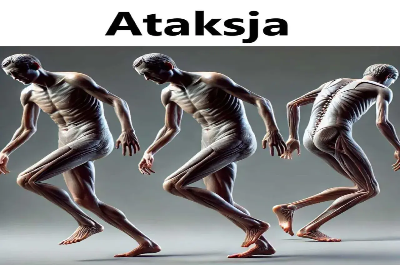 Trzy sylwetki ukazujące anatomię mięśni, z widocznym kręgosłupem. Obraz symbolizuje ataksję i jej wpływ na ruch.
