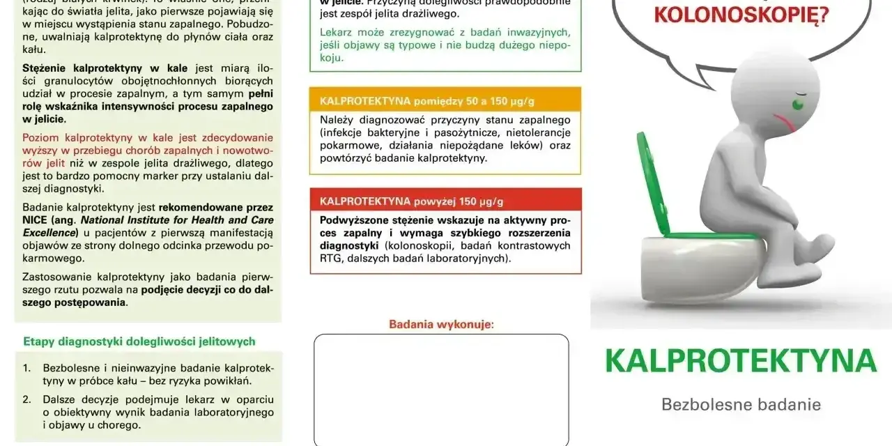 Badanie kalprotektyny w kale - bezbolesny wskaźnik zapalenia jelit. Wyniki pomagają w diagnostyce i decyzji o kolonoskopii.