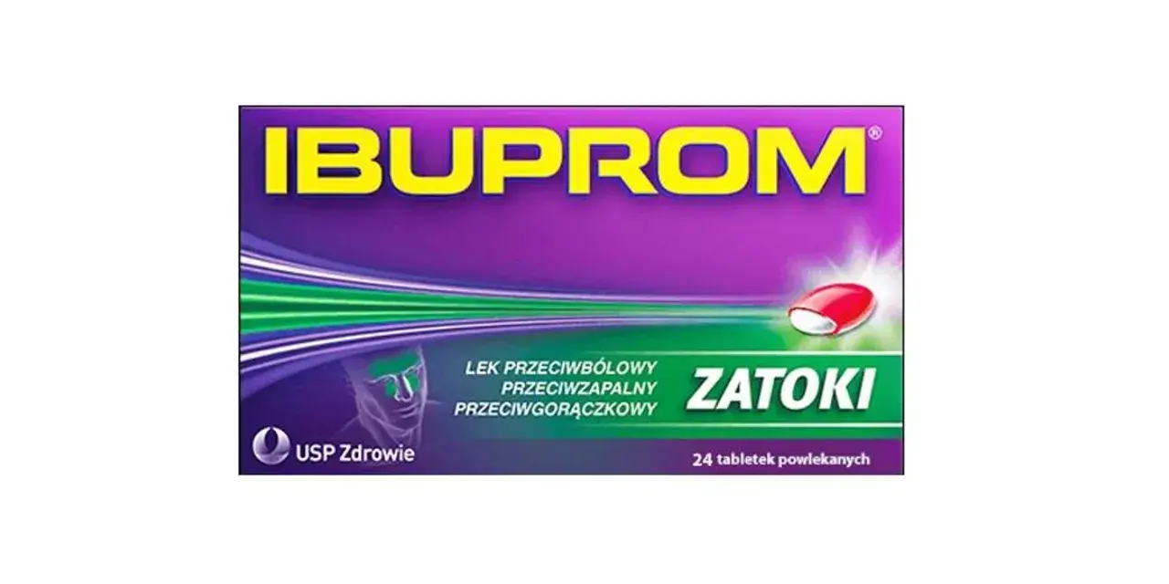 Opakowanie leku Ibuprom Zatoki, zawierającego axoprofen, z wizerunkiem głowy i tabletki.