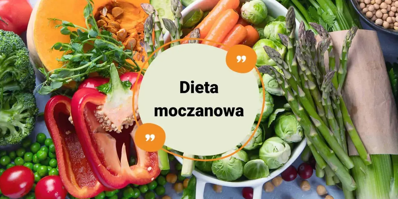 Zdrowe warzywa i napisy "Dieta moczanowa" na okrągłym tle. Brokuły, dynia, papryka, groszek, marchew, szparagi, brukselka.