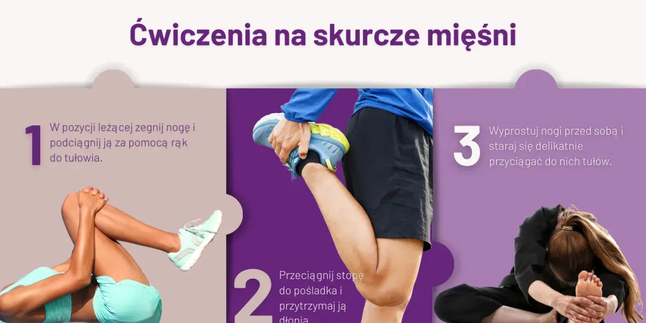 Ćwiczenia na skurcze nóg: leżąc podciągnij nogę do tułowia, przyciągnij stopę do pośladka, a następnie pochyl się do wyprostowanych nóg.