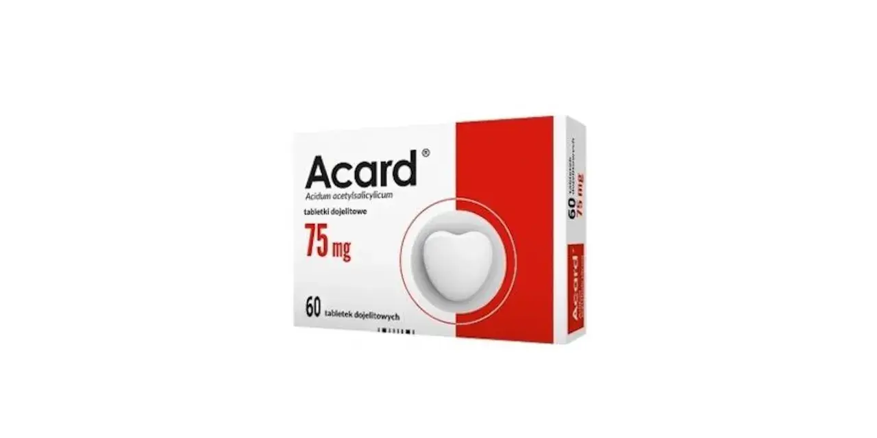 Opakowanie leku Acard 75 mg, 60 tabletek. Przed zastosowaniem należy zapoznać się z ulotką i ewentualnymi skutkami ubocznymi.