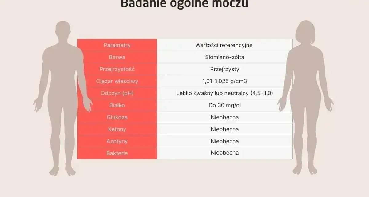 Tabela z badaniem ogólnym moczu. Wartości referencyjne dla azotynów w moczu to "Nieobecna".
