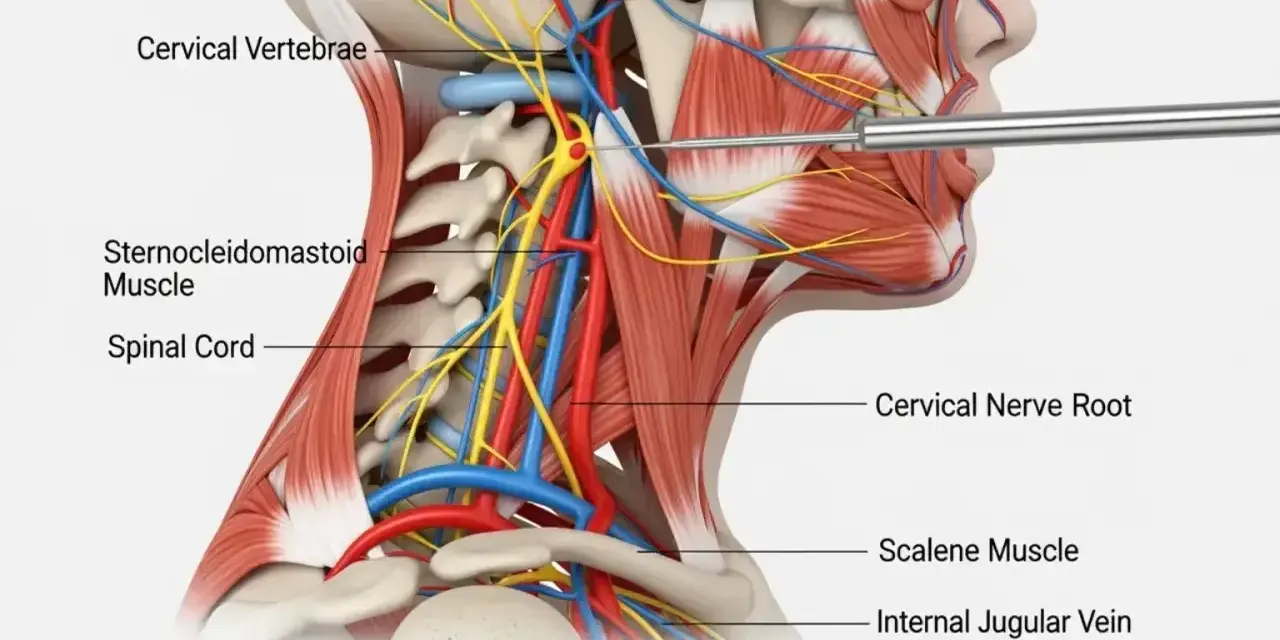 Anatomia szyi z widocznym mięśniem czworobocznym, nerwami i naczyniami. Igła zbliża się do korzenia nerwu szyjnego.