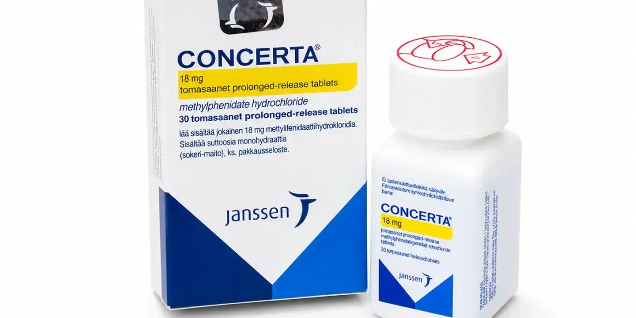 Opakowanie i butelka leku Concerta 18 mg, zawierające tabletki o przedłużonym uwalnianiu z metylofenidatu.