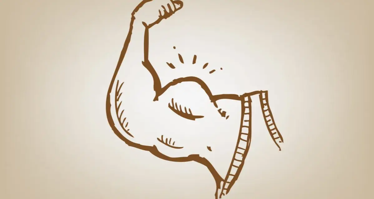 Silna ręka z napiętym bicepsem, symbolizująca energię i siłę, którą daje glikogen.