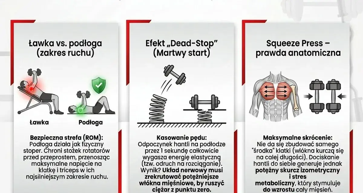 Grafika porównuje ćwiczenia na klatkę piersiową na ławce i na podłodze, pokazując biomechanikę i efekty.