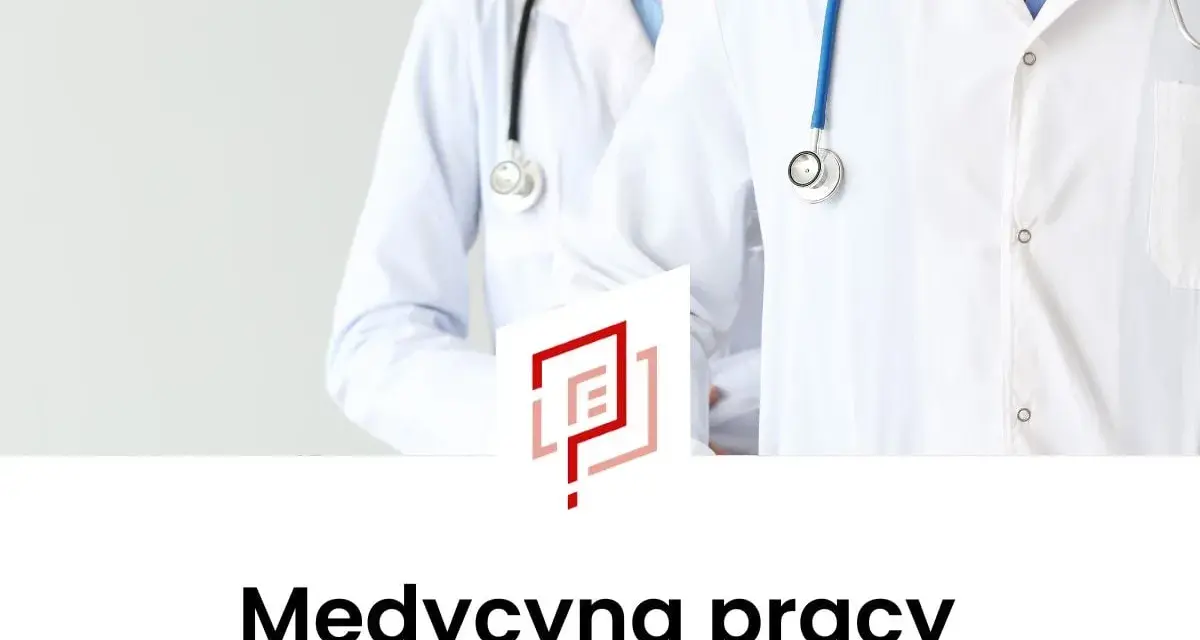Dwóch lekarzy w białych fartuchach ze stetoskopami, z logo i napisem "Medycyna pracy".