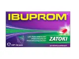 Opakowanie leku Ibuprom Zatoki, zawierającego axoprofen, z wizerunkiem głowy i tabletki.