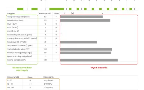 Wynik badania na obecność czynników zakaźnych, z zaznaczonymi wynikami dla Toxoplasma gondii i Rubelli. Intensywność reakcji jest jak **torch** światła.