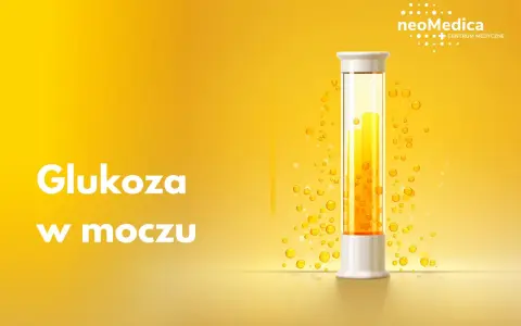 Biały napis "Glukoza w moczu" na żółtym tle. Obok probówka z żółtym płynem i pęcherzykami.