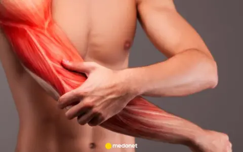 Widok mięśni ramienia, ukazujący szczegółowo biceps i przedramię.
