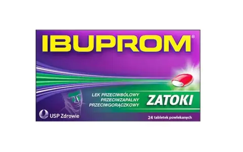 Opakowanie leku Ibuprom Zatoki, zawierającego axoprofen, z wizerunkiem głowy i tabletki.