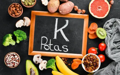 Tablica z napisem "K Potas" otoczona owocami i warzywami bogatymi w potas, jak banany, awokado, pomidory, ziemniaki, brokuły, rodzynki, morele, kiwi, migdały, pestki dyni. Pomaga zapobiegać hipokaliemii.