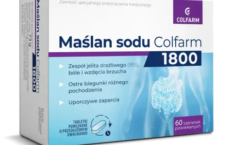 Maślan sodu Colfarm 1800 – wybór dla jelit. Pomaga przy IBS, biegunkach i zaparciach. Tabletki o przedłużonym uwalnianiu.