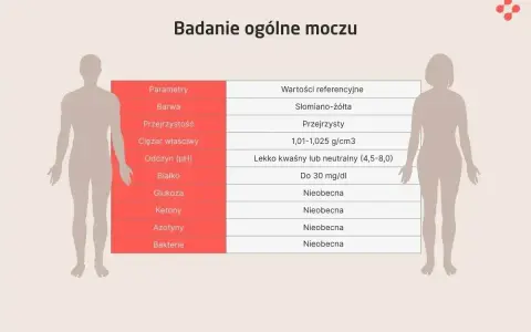 Tabela z badaniem ogólnym moczu. Wartości referencyjne dla azotynów w moczu to "Nieobecna".