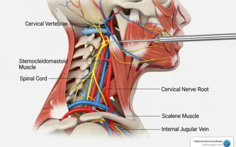 Anatomia szyi z widocznym mięśniem czworobocznym, nerwami i naczyniami. Igła zbliża się do korzenia nerwu szyjnego.