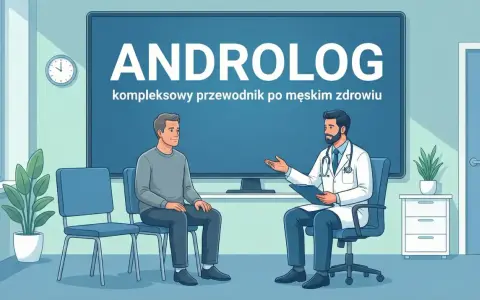 Lekarz androlog rozmawia z pacjentem w gabinecie. Na ekranie widnieje napis "ANDROLOG".