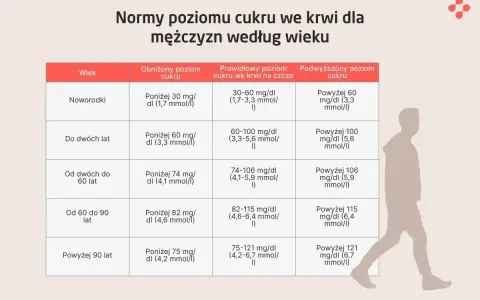Tabela przedstawia normy poziomu cukru we krwi dla mężczyzn, podzielone według wieku. Sprawdź, czy Twój poziom cukru jest w normie.