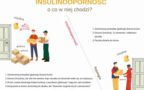 Ilustracja wyjaśnia hiperinsulinemię: kurierzy z glukozą czekają, a insulina (dzwonek) nie działa.