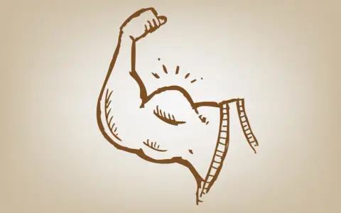 Silna ręka z napiętym bicepsem, symbolizująca energię i siłę, którą daje glikogen.