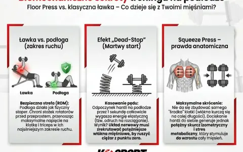 Grafika porównuje ćwiczenia na klatkę piersiową na ławce i na podłodze, pokazując biomechanikę i efekty.
