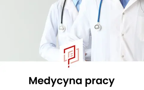 Dwóch lekarzy w białych fartuchach ze stetoskopami, z logo i napisem "Medycyna pracy".