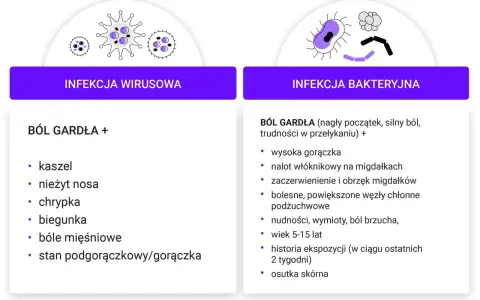 Porównanie infekcji wirusowej i bakteryjnej. Wirusy powodują kaszel, katar, chrypkę, biegunkę. Bakterie mogą wywołać zapalenie migdałków z nalotem, gorączką i bólem gardła.