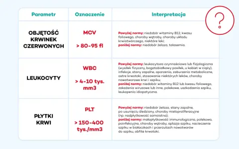 Tabela z parametrami morfologii z rozmazem: MCV, WBC, PLT. Podano normy i interpretacje wyników.