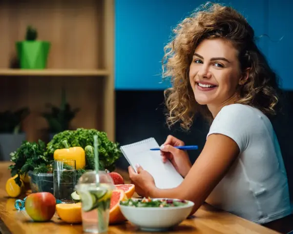 Uśmiechnięta kobieta z burzą loków planuje zdrowy posiłek, na stole świeże warzywa, owoce i woda z cytryną. Dba o dietę bez nadmiaru sodu.