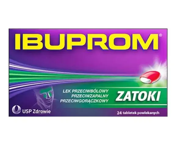 Opakowanie leku Ibuprom Zatoki, zawierającego axoprofen, z wizerunkiem głowy i tabletki.