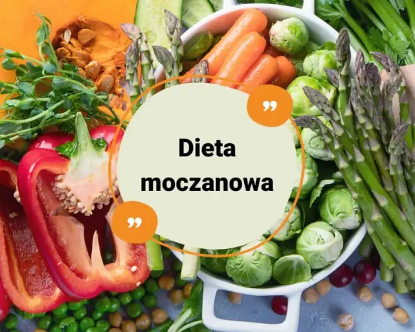Zdrowe warzywa i napisy "Dieta moczanowa" na okrągłym tle. Brokuły, dynia, papryka, groszek, marchew, szparagi, brukselka.