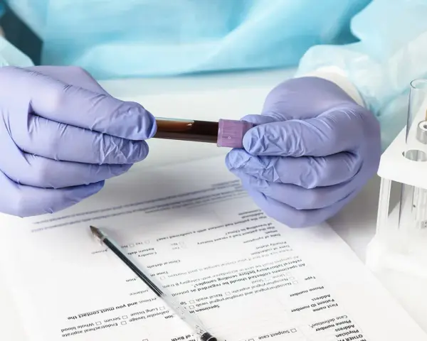 Ręce w rękawiczkach trzymają probówkę z krwią. Wyniki badań wskazują na eozynofile niskie, co może wymagać dalszej diagnostyki.