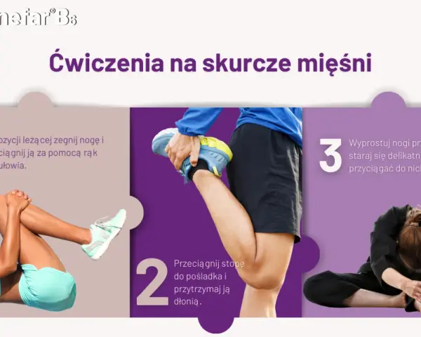 Ćwiczenia na skurcze nóg: leżąc podciągnij nogę do tułowia, przyciągnij stopę do pośladka, a następnie pochyl się do wyprostowanych nóg.
