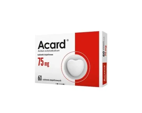 Opakowanie leku Acard 75 mg, 60 tabletek. Przed zastosowaniem należy zapoznać się z ulotką i ewentualnymi skutkami ubocznymi.