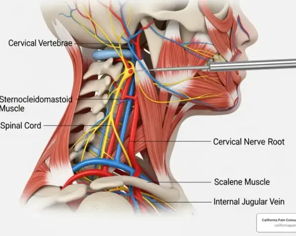 Anatomia szyi z widocznym mięśniem czworobocznym, nerwami i naczyniami. Igła zbliża się do korzenia nerwu szyjnego.