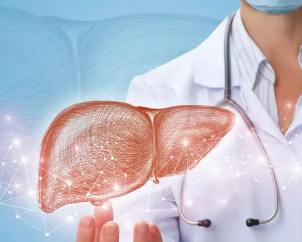 Lekarz hepatolog prezentuje schemat wątroby, symbolizujący diagnostykę i leczenie chorób tego narządu.