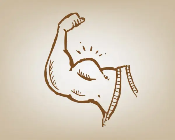 Silna ręka z napiętym bicepsem, symbolizująca energię i siłę, którą daje glikogen.