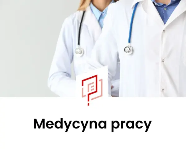 Dwóch lekarzy w białych fartuchach ze stetoskopami, z logo i napisem "Medycyna pracy".