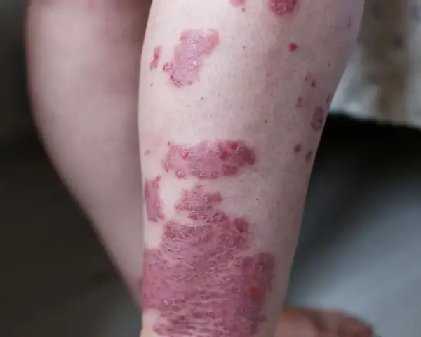 Widoczne czerwone plamy na skórze nogi, niektóre łuszczące się, wskazujące na problem dermatologiczny.