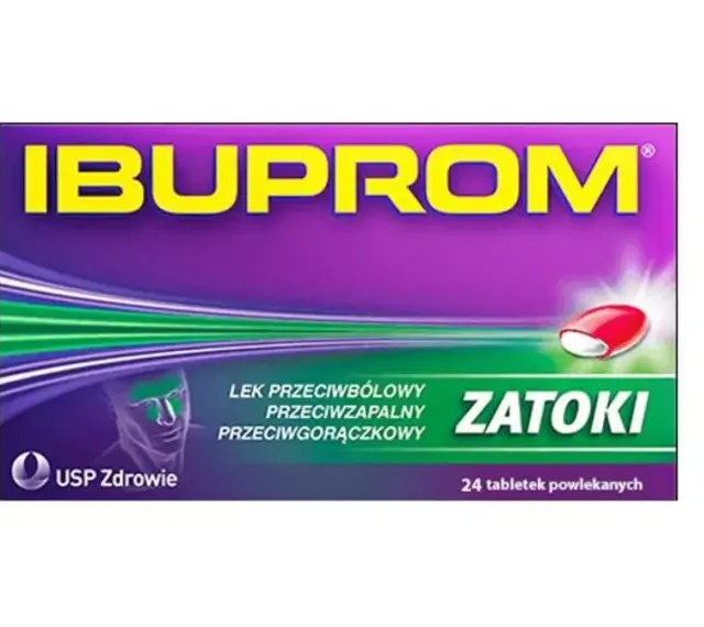 Opakowanie leku Ibuprom Zatoki, zawierającego axoprofen, z wizerunkiem głowy i tabletki.