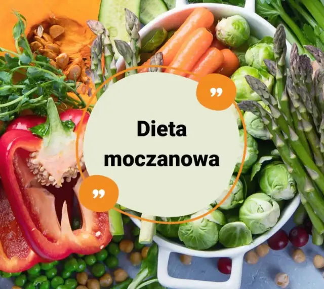 Zdrowe warzywa i napisy "Dieta moczanowa" na okrągłym tle. Brokuły, dynia, papryka, groszek, marchew, szparagi, brukselka.