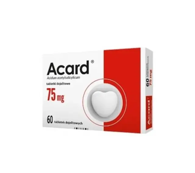 Opakowanie leku Acard 75 mg, 60 tabletek. Przed zastosowaniem należy zapoznać się z ulotką i ewentualnymi skutkami ubocznymi.
