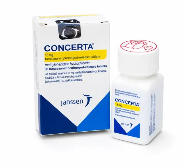 Opakowanie i butelka leku Concerta 18 mg, zawierające tabletki o przedłużonym uwalnianiu z metylofenidatu.
