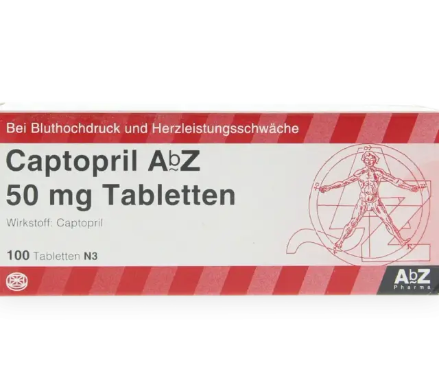 Captopril AbZ 50 mg tabletki na nadciśnienie i niewydolność serca. Opakowanie zawiera 100 tabletek.